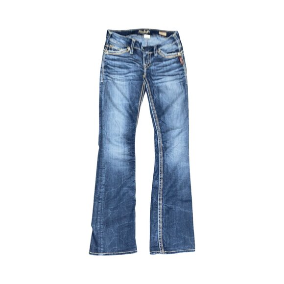 Sz.25*Silver Jeans*Distressed Dark-Wash Slim Bootcut Jeans--Low-Rise - Picture 1 of 6